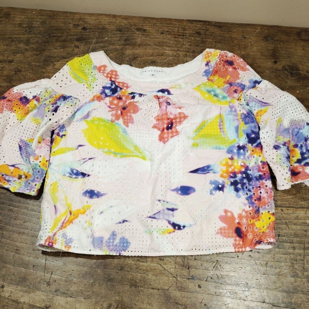 Trina Turk Medium Eyelet Cotton Floral Top Multicolor Short Sleeve Boho Lined
